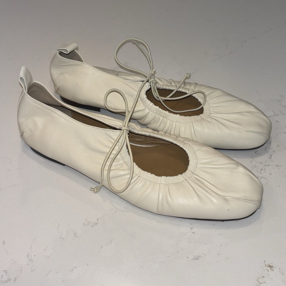 Reike Nen Bow Shirring Flats Lace Up Mary Janes Lamb Leather Ivory Sz 39 US 9